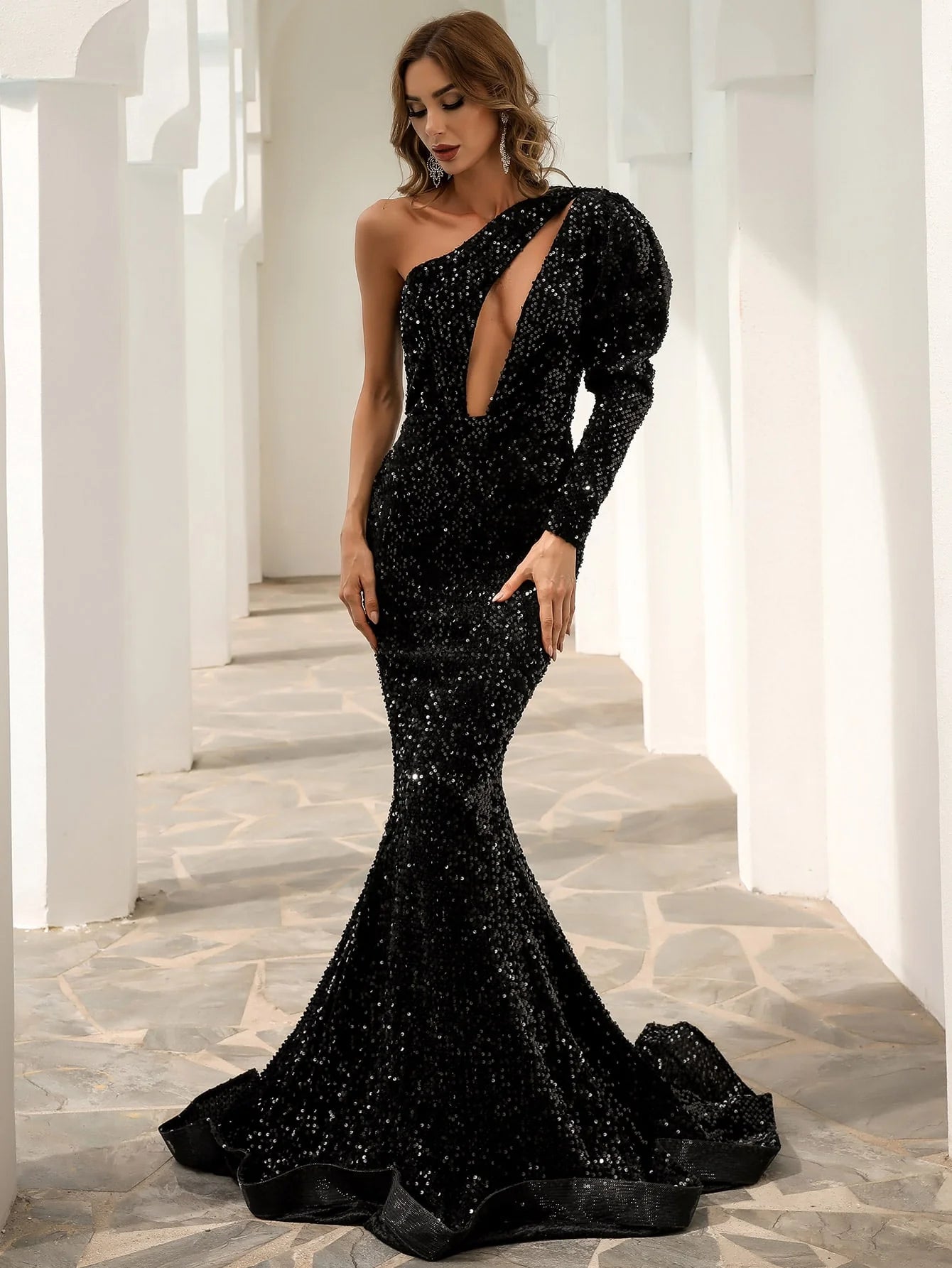 One Shoulder Cut Out Mermaid Hem Sequin Prom Dress
