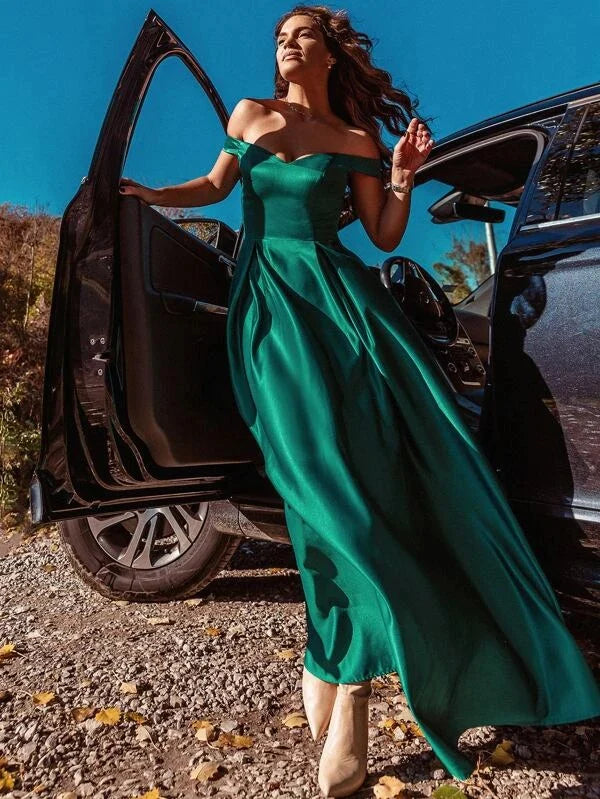 Off Shoulder Boxy Pleated Satin Prom Dress