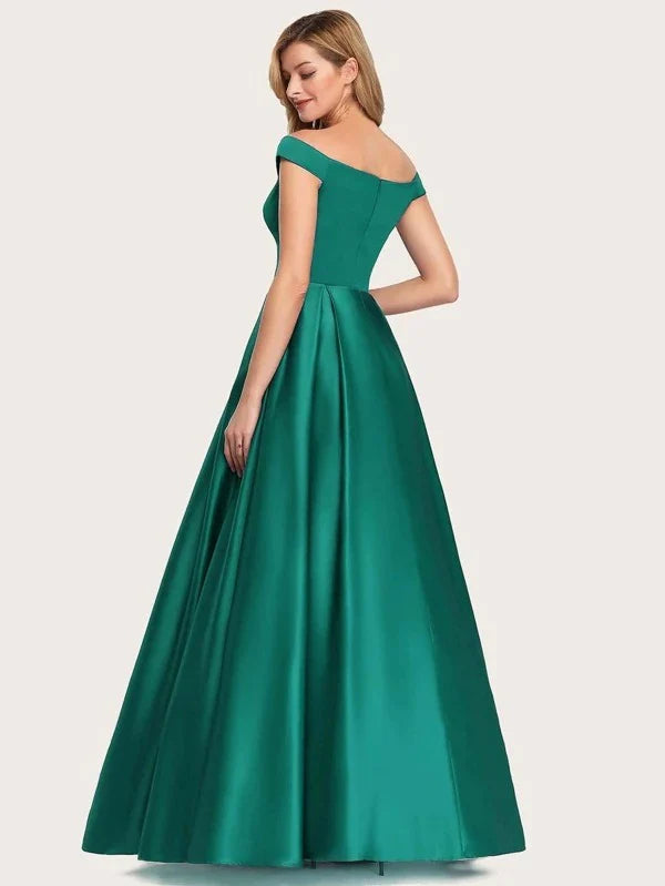 Off Shoulder Boxy Pleated Satin Prom Dress