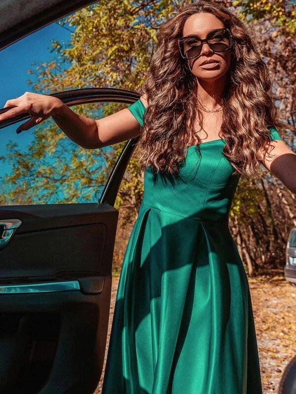 Off Shoulder Boxy Pleated Satin Prom Dress