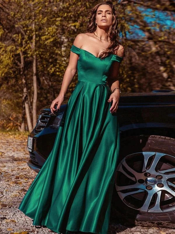 Off Shoulder Boxy Pleated Satin Prom Dress