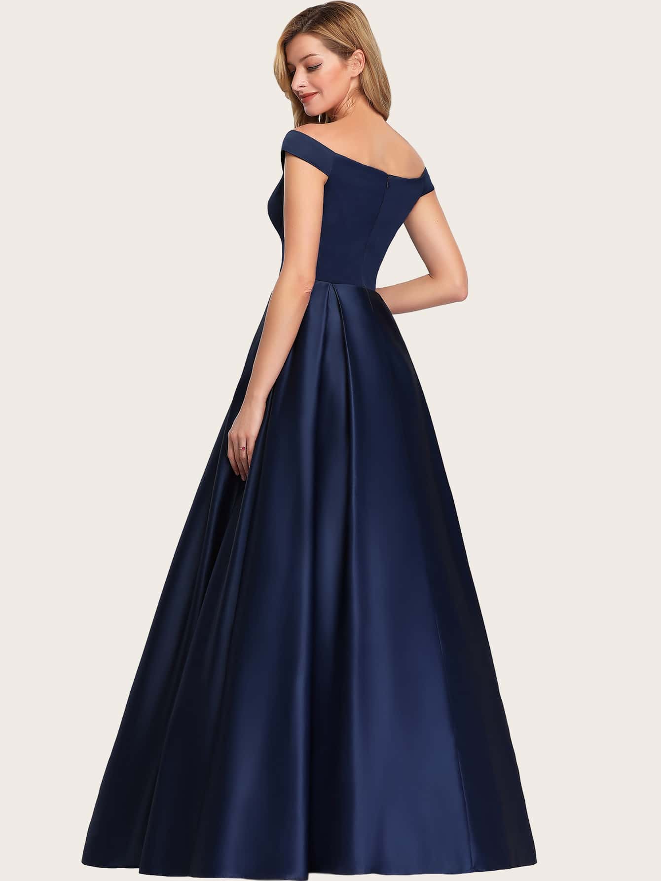 Off Shoulder Boxy Pleated Satin Prom Dress