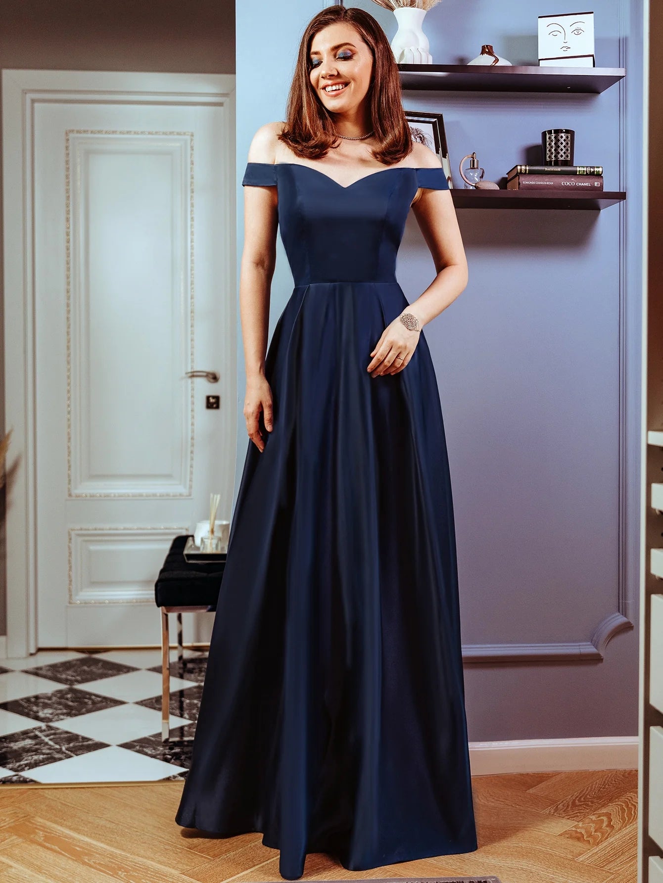 Off Shoulder Boxy Pleated Satin Prom Dress