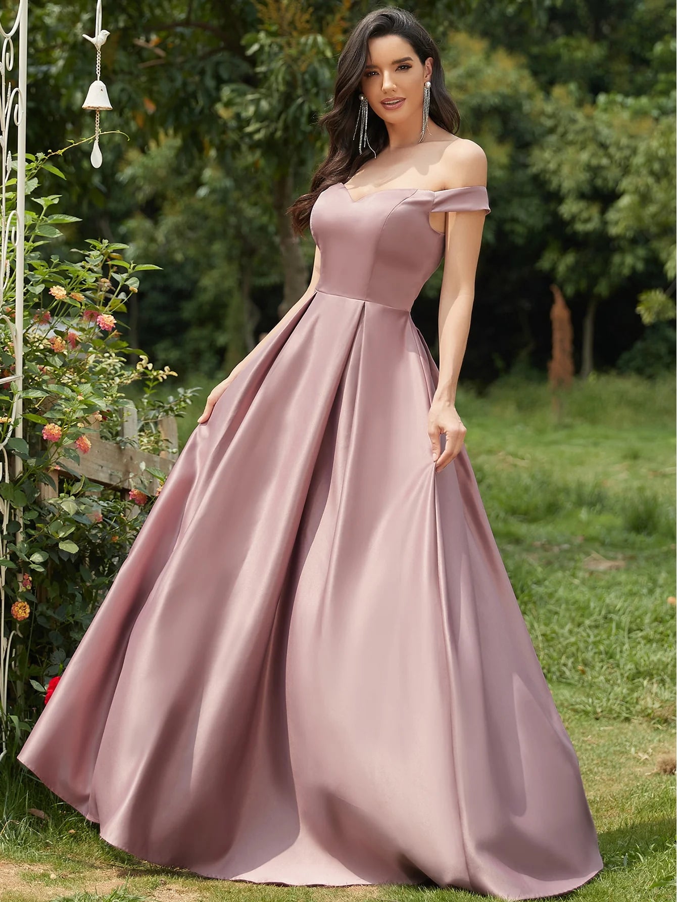 Off Shoulder Boxy Pleated Satin Prom Dress