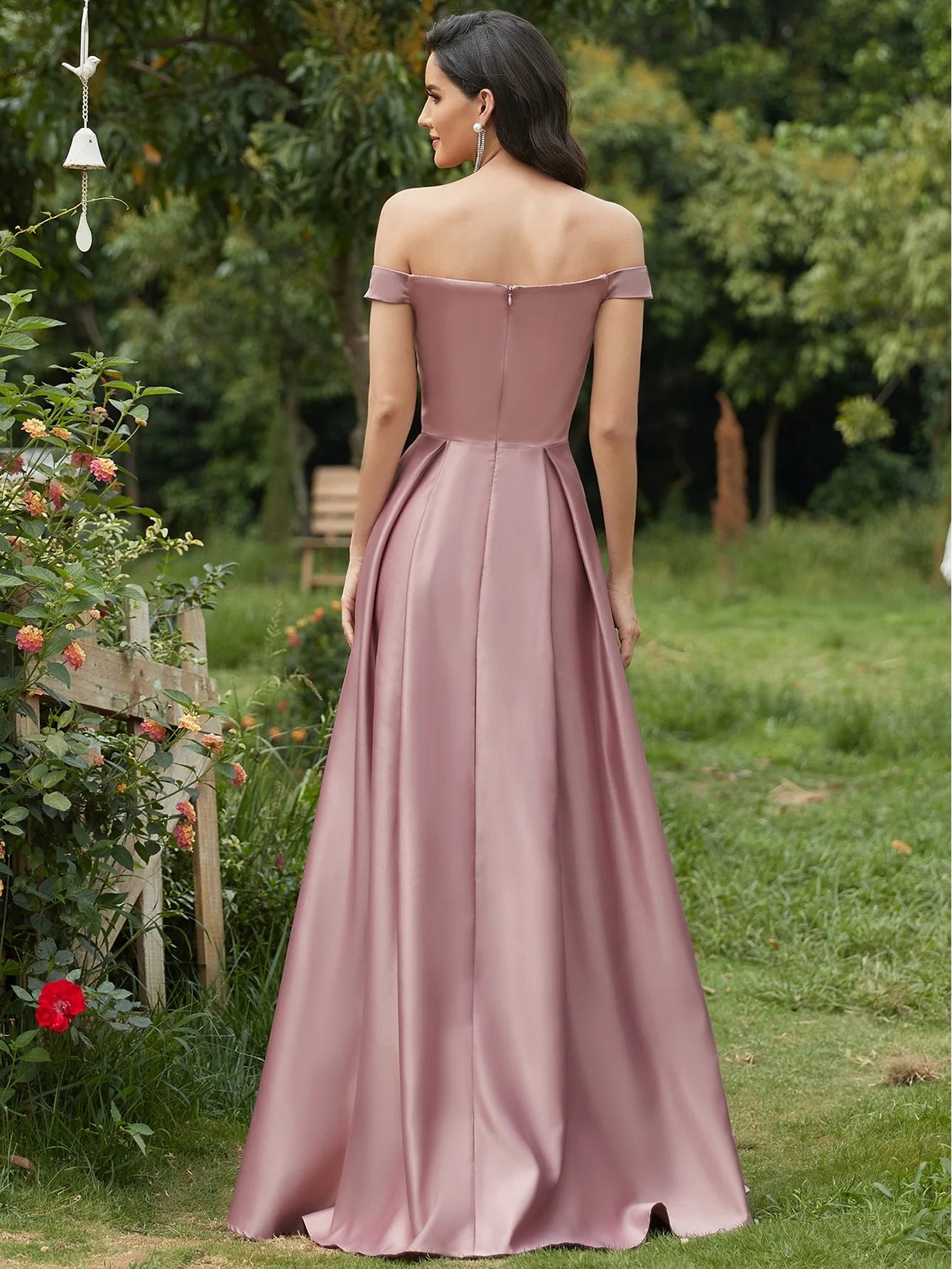 Off Shoulder Boxy Pleated Satin Prom Dress