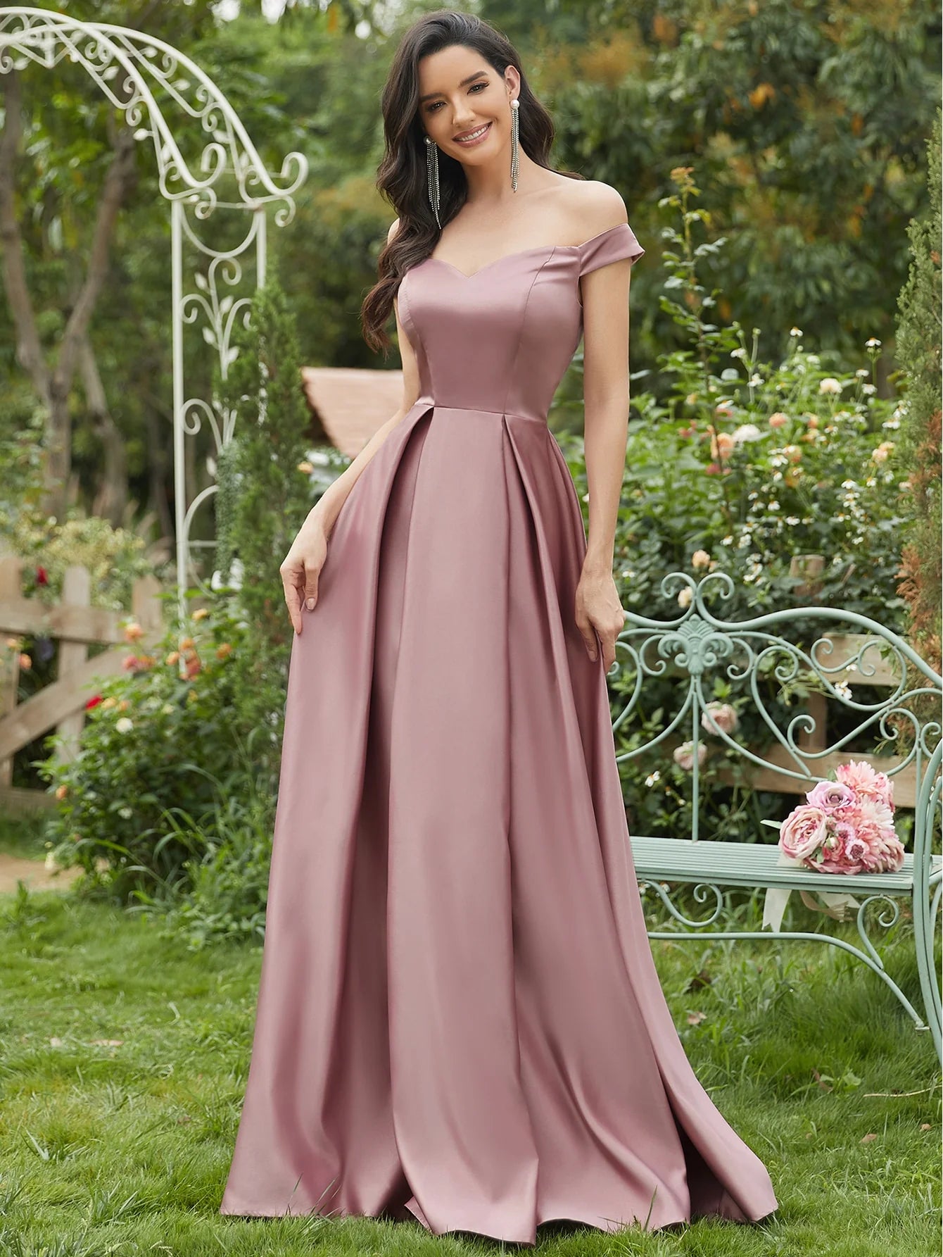 Off Shoulder Boxy Pleated Satin Prom Dress