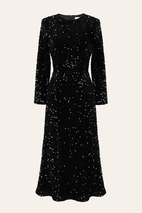 Sequin Decorated Velvet Long Sleeve Midi Dress