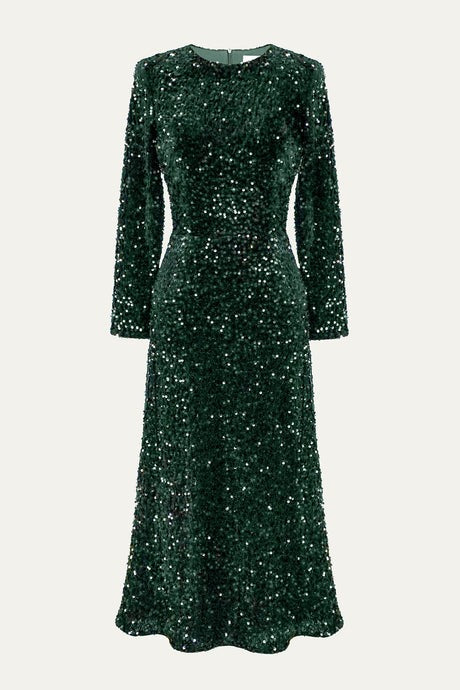 Sequin Decorated Velvet Long Sleeve Midi Dress