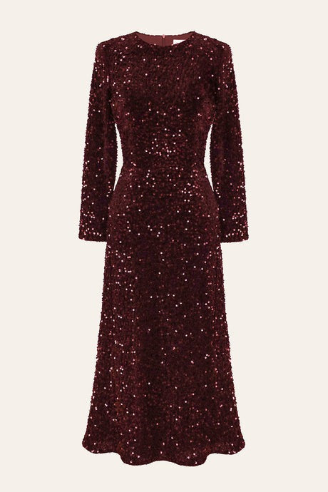 Sequin Decorated Velvet Long Sleeve Midi Dress