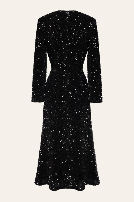 Sequin Decorated Velvet Long Sleeve Midi Dress