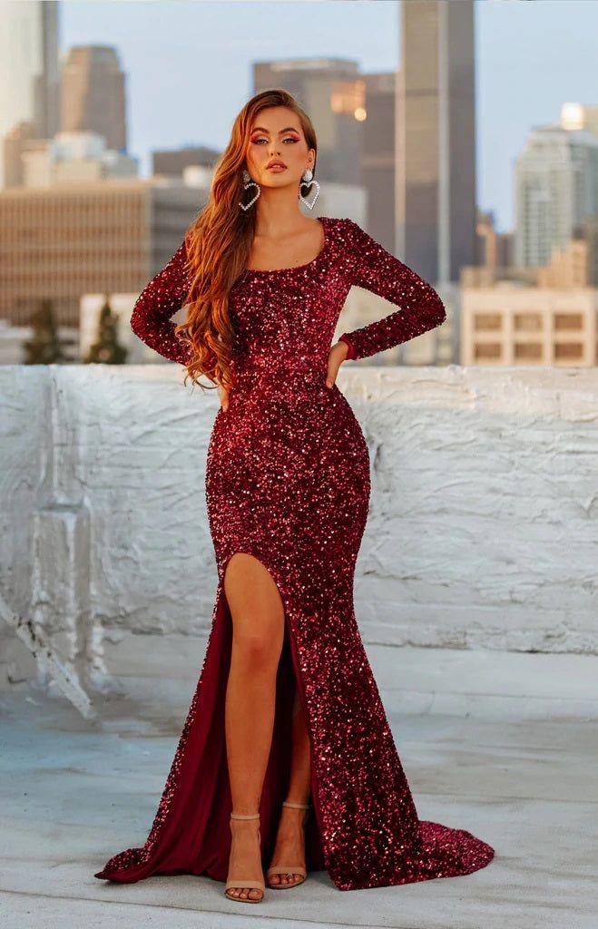 Slit Thigh Mock Neck Sequin Prom Dress