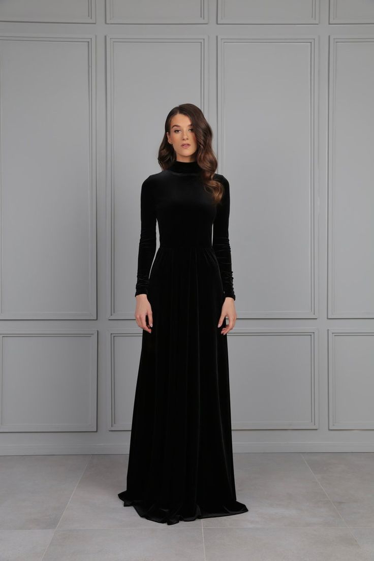 Black Bridesmaid Velvet Ball Gown Maxi Dress