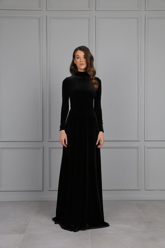 Black Bridesmaid Velvet Ball Gown Maxi Dress