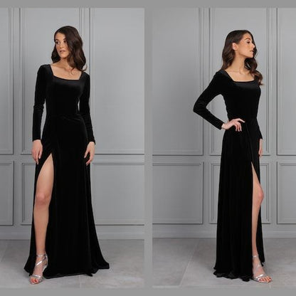 black Bridesmaid Velvet Gowns Elegant Dress