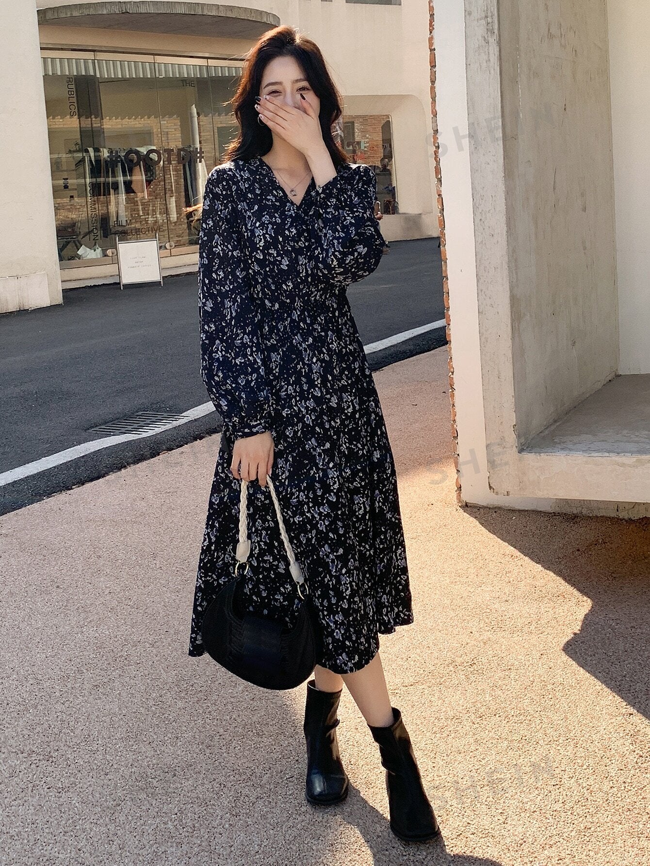 Ditsy Floral Print Lantern Sleeve Ruffle Hem Dress