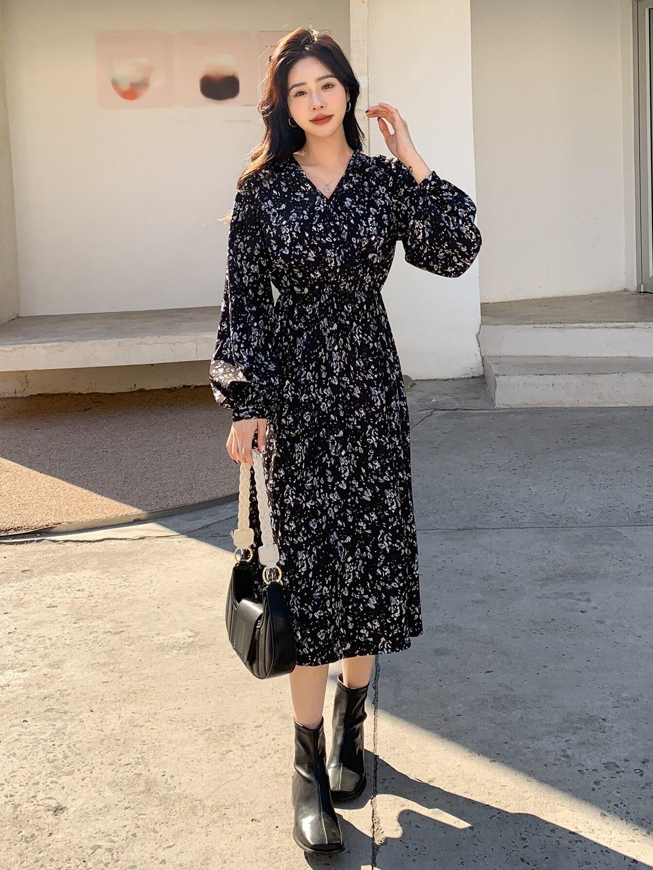 Ditsy Floral Print Lantern Sleeve Ruffle Hem Dress