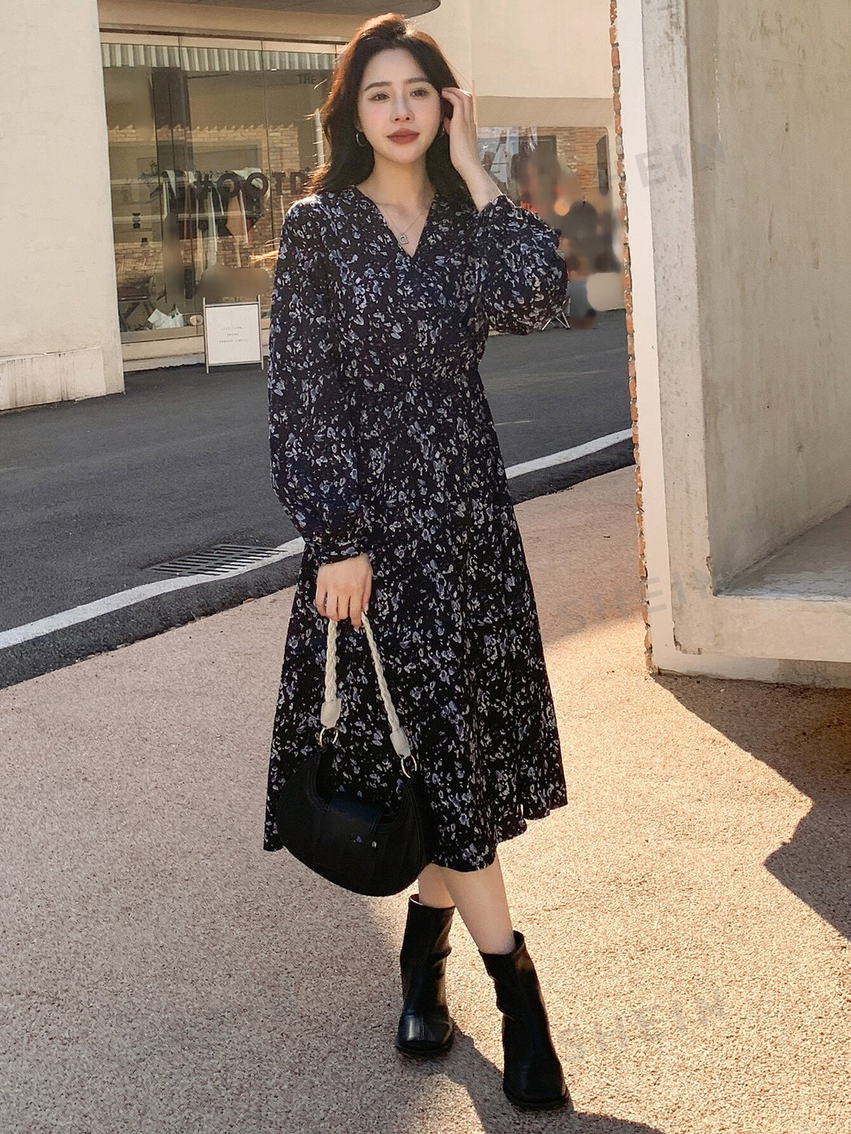 Ditsy Floral Print Lantern Sleeve Ruffle Hem Dress
