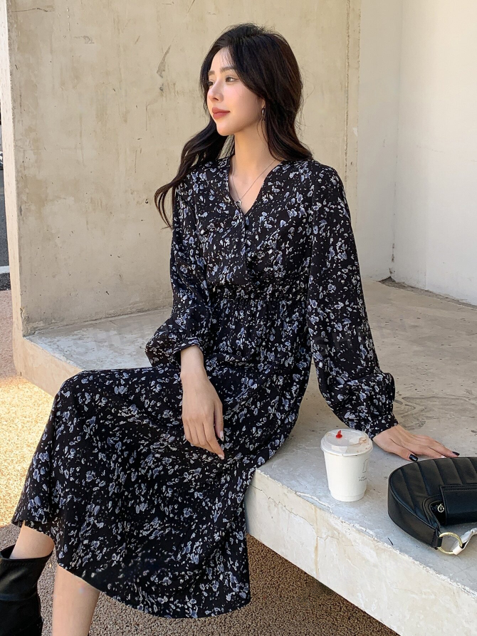 Ditsy Floral Print Lantern Sleeve Ruffle Hem Dress