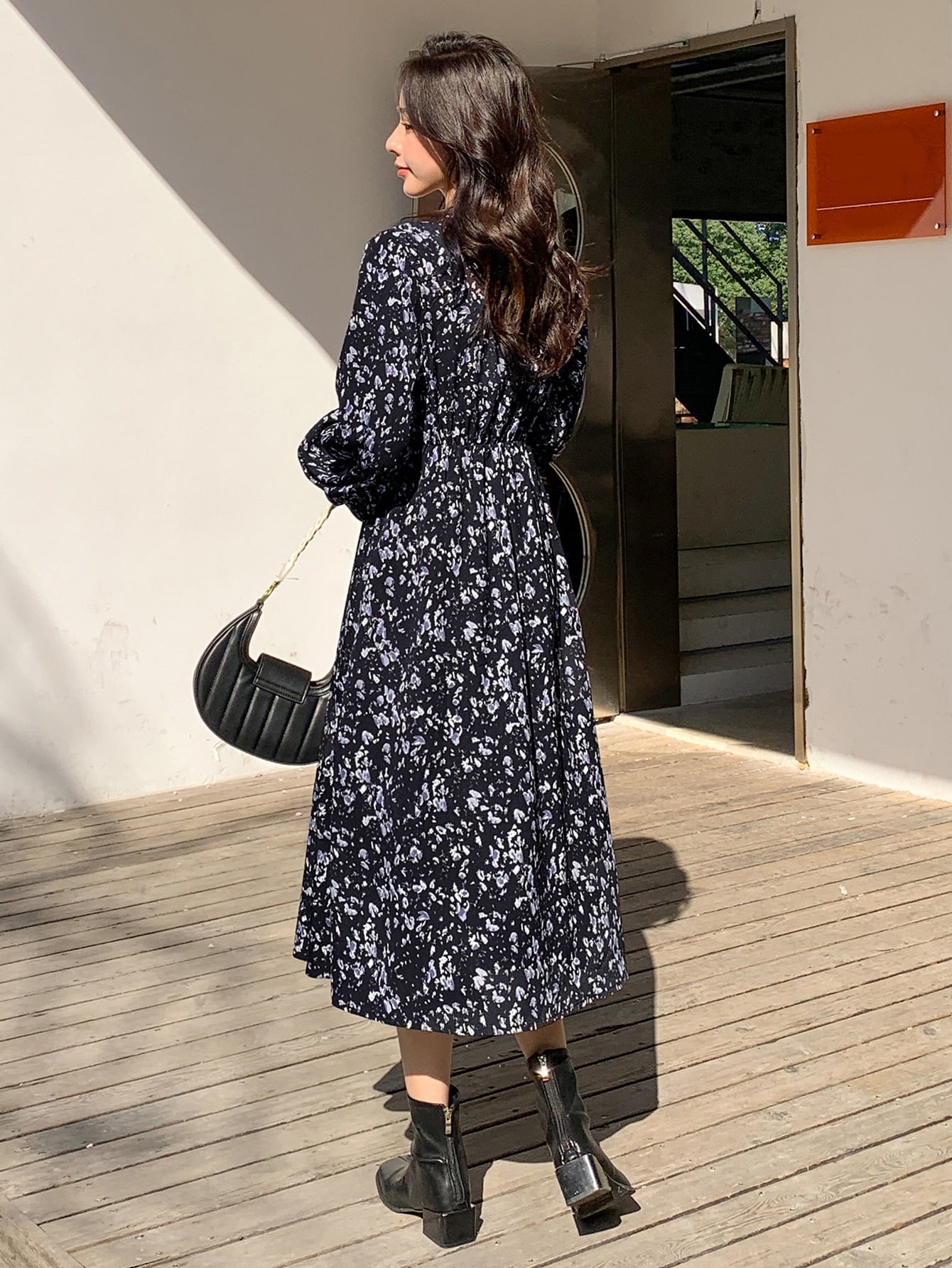 Ditsy Floral Print Lantern Sleeve Ruffle Hem Dress