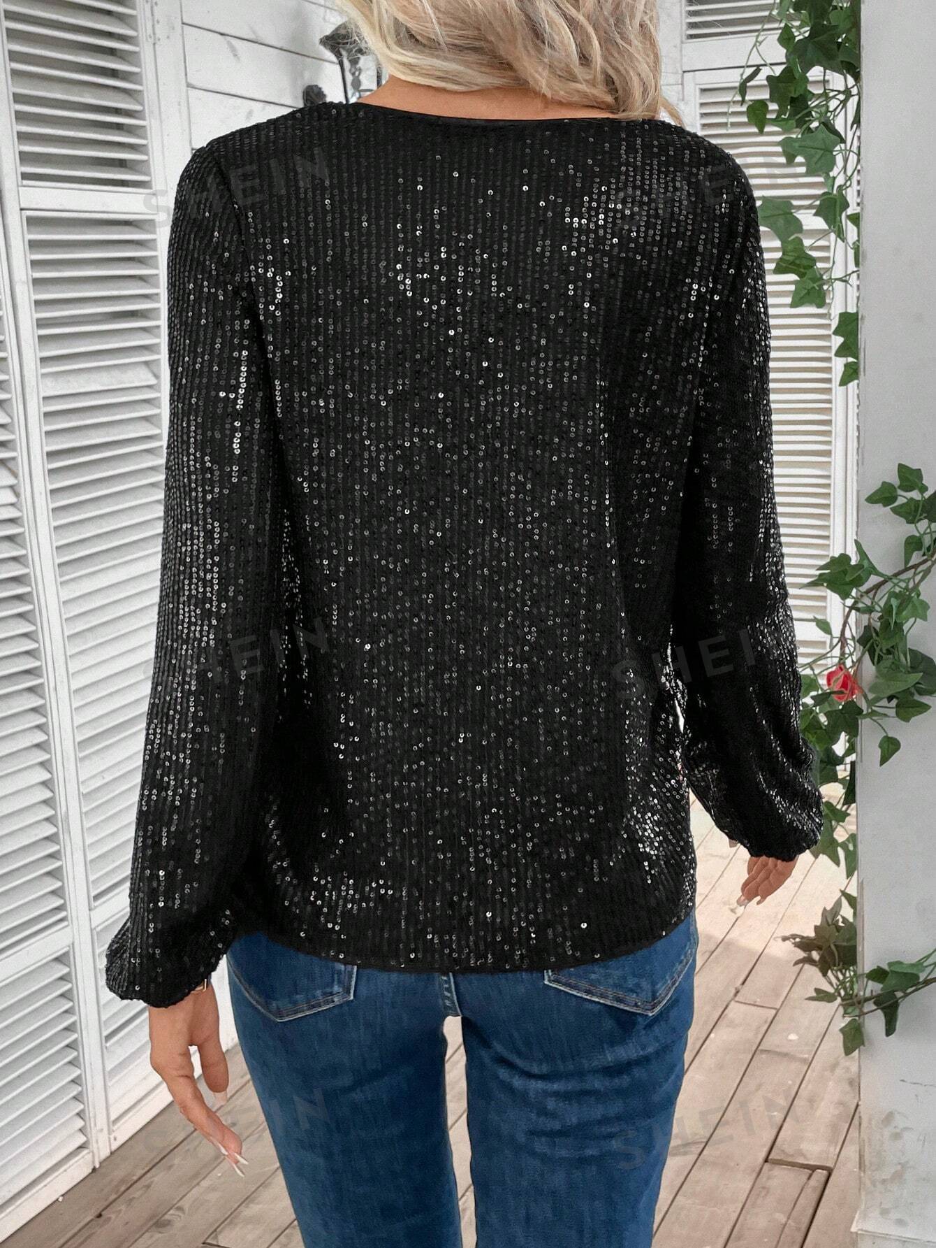 V Neck Lantern Sleeve Sequin Blouse