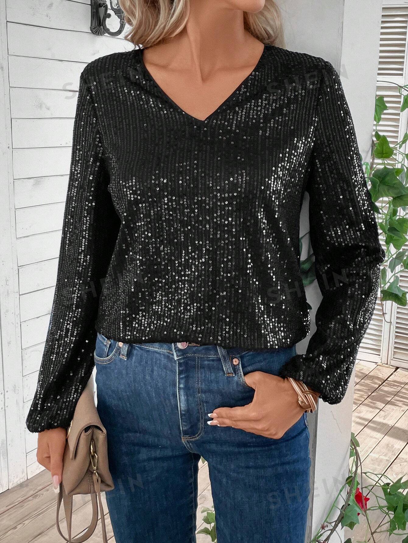 V Neck Lantern Sleeve Sequin Blouse
