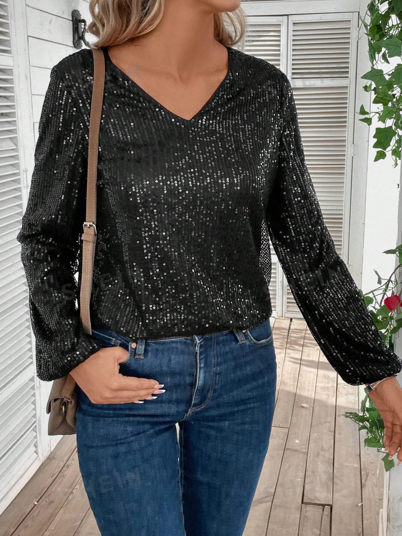 V Neck Lantern Sleeve Sequin Blouse