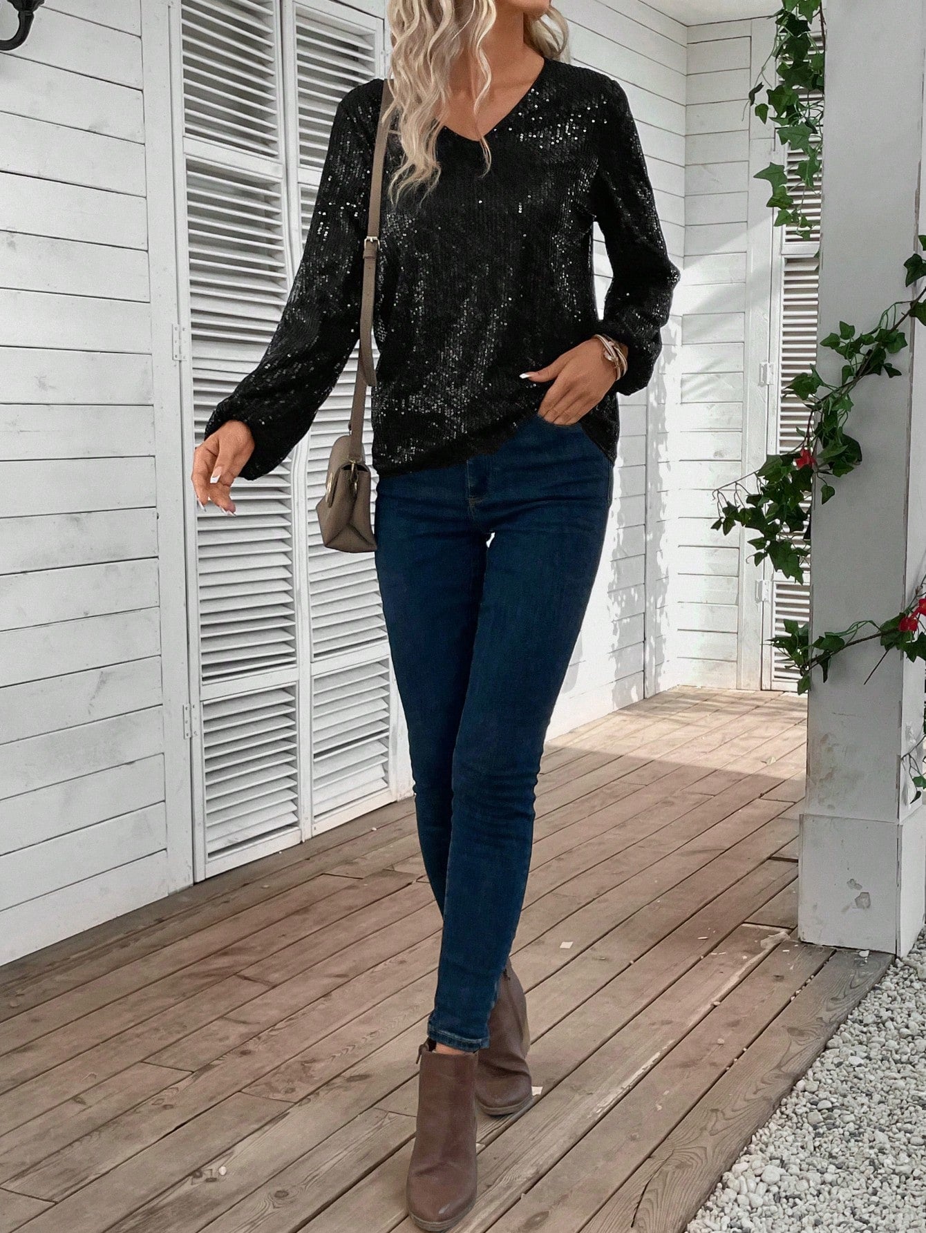 V Neck Lantern Sleeve Sequin Blouse