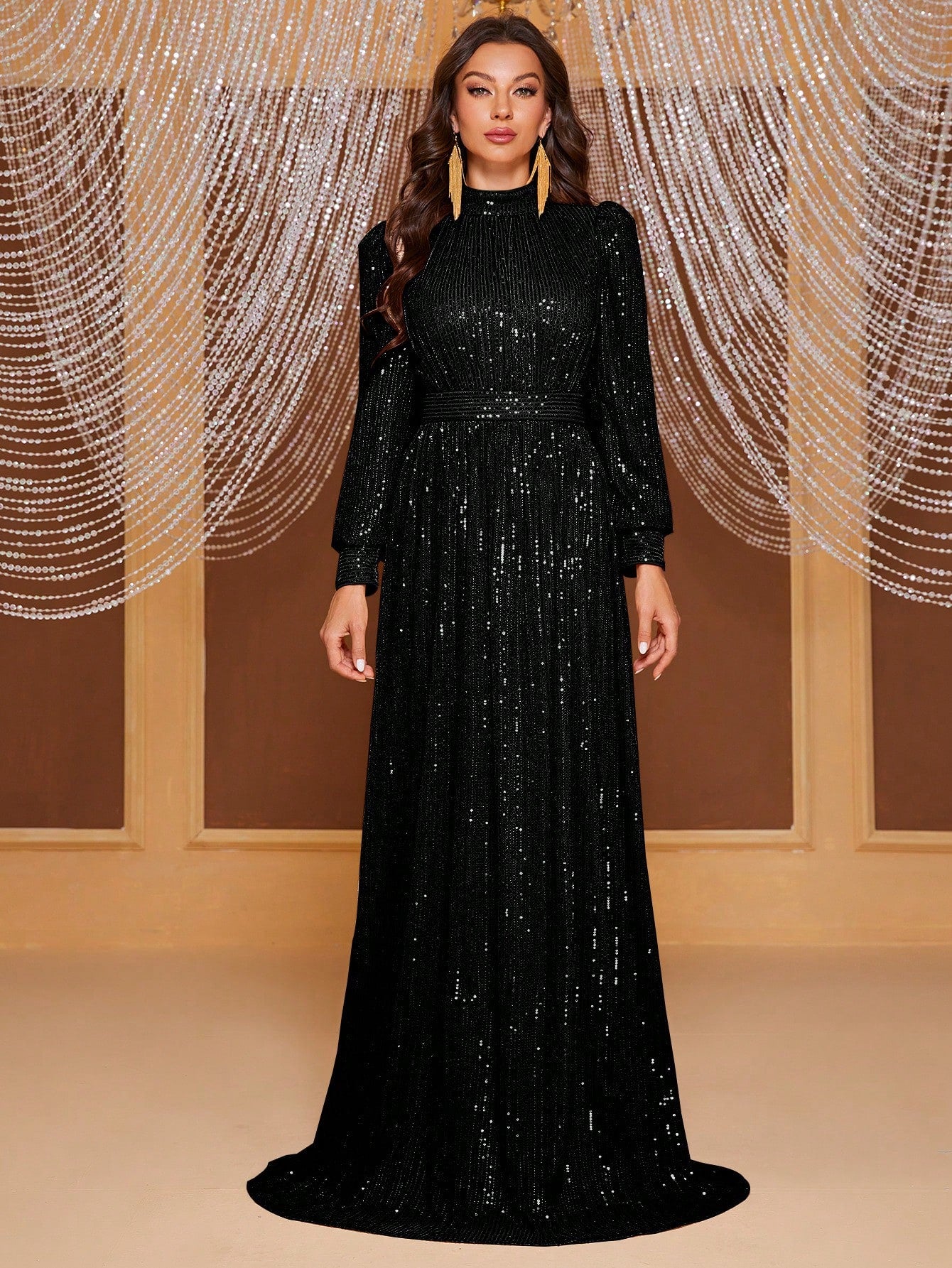 Mock Neck Lantern Sleeve Sequin Formal Dress