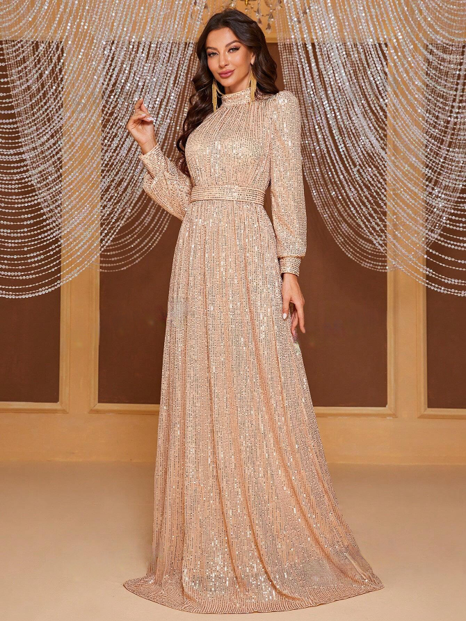 Mock Neck Lantern Sleeve Sequin Formal Dress