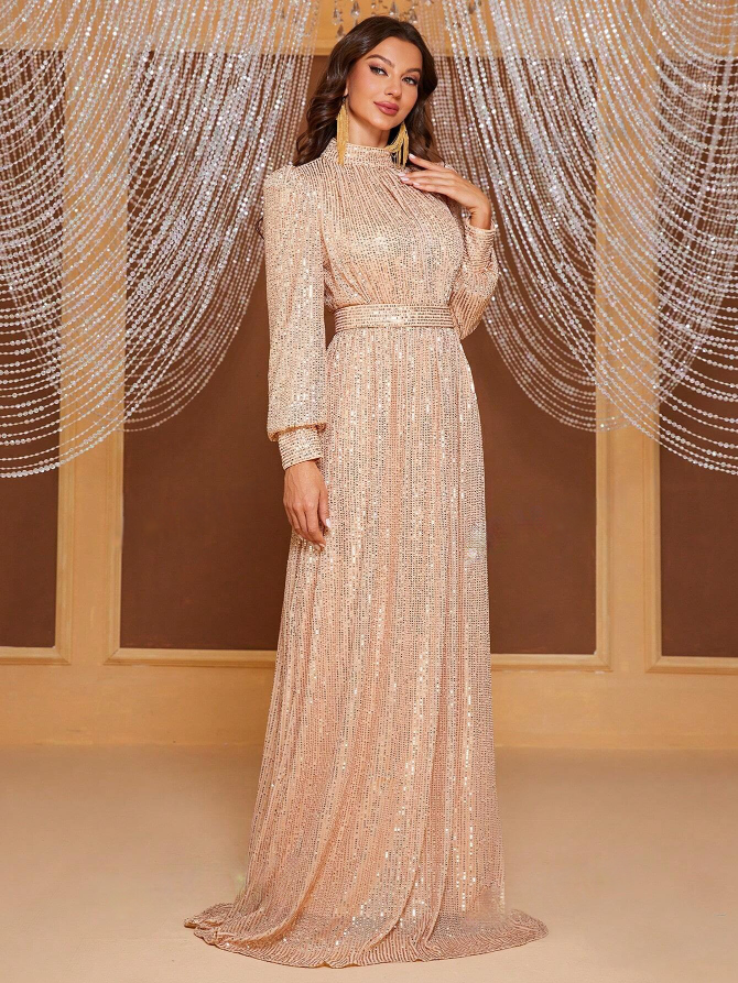 Mock Neck Lantern Sleeve Sequin Formal Dress