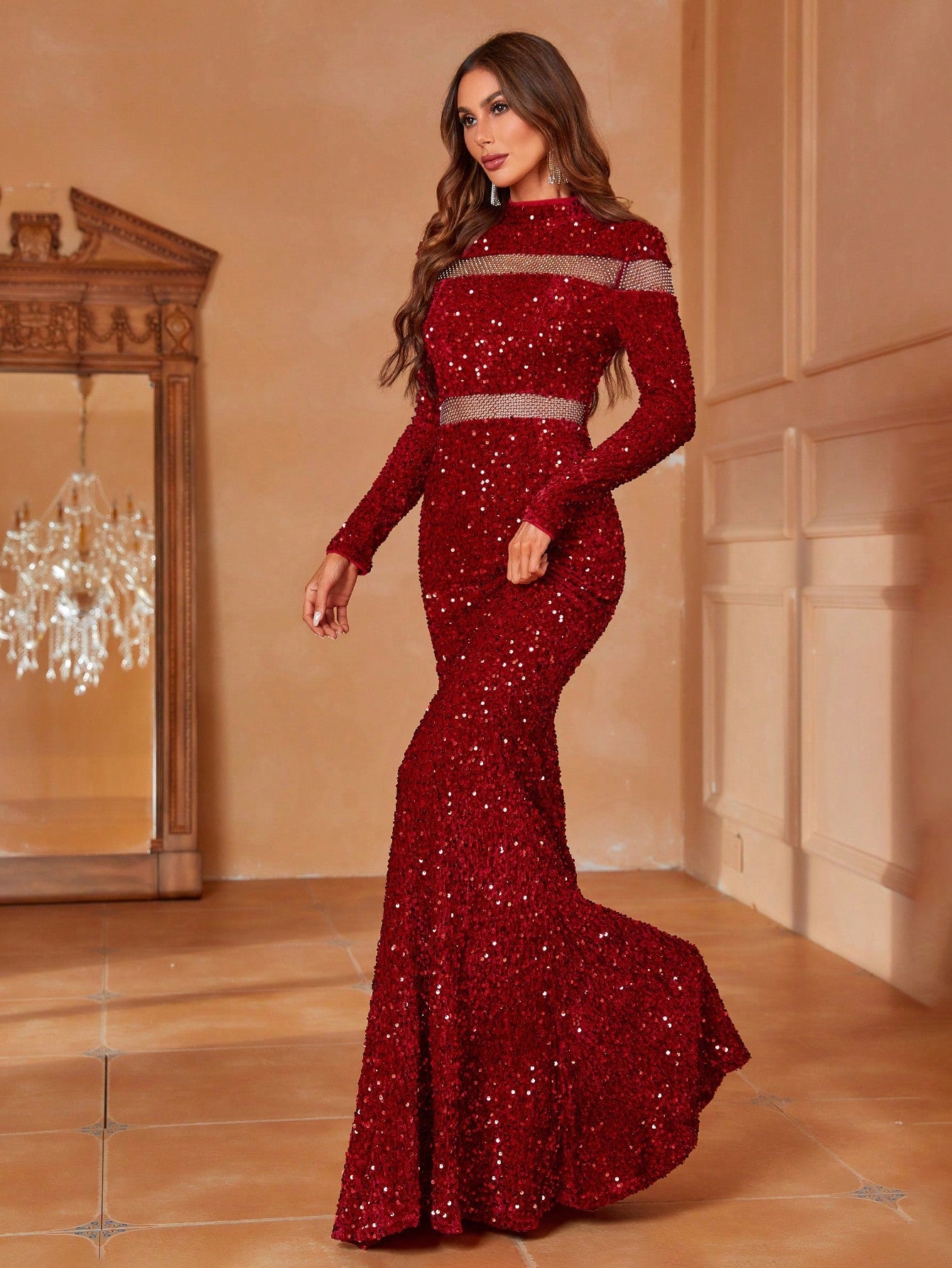 Mock Neck Mesh Insert Sequin Prom Dress
