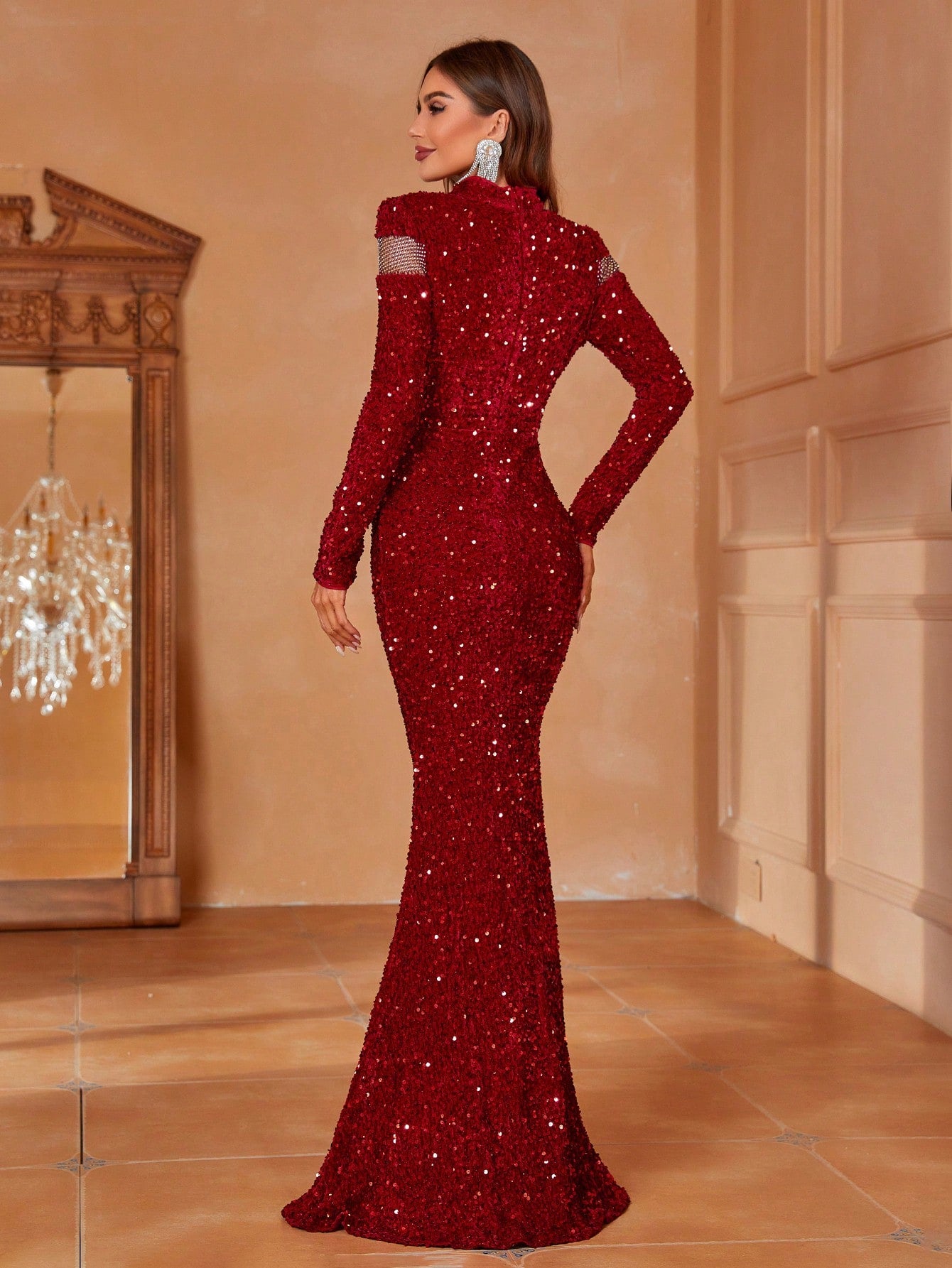 Mock Neck Mesh Insert Sequin Prom Dress