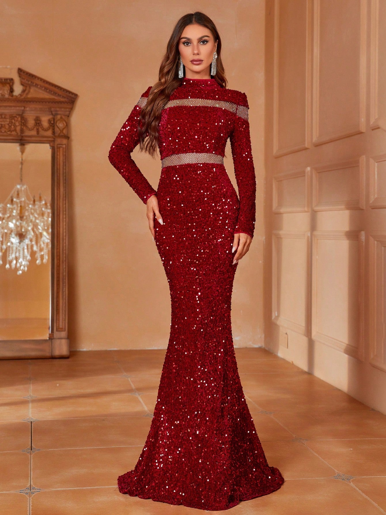 Mock Neck Mesh Insert Sequin Prom Dress