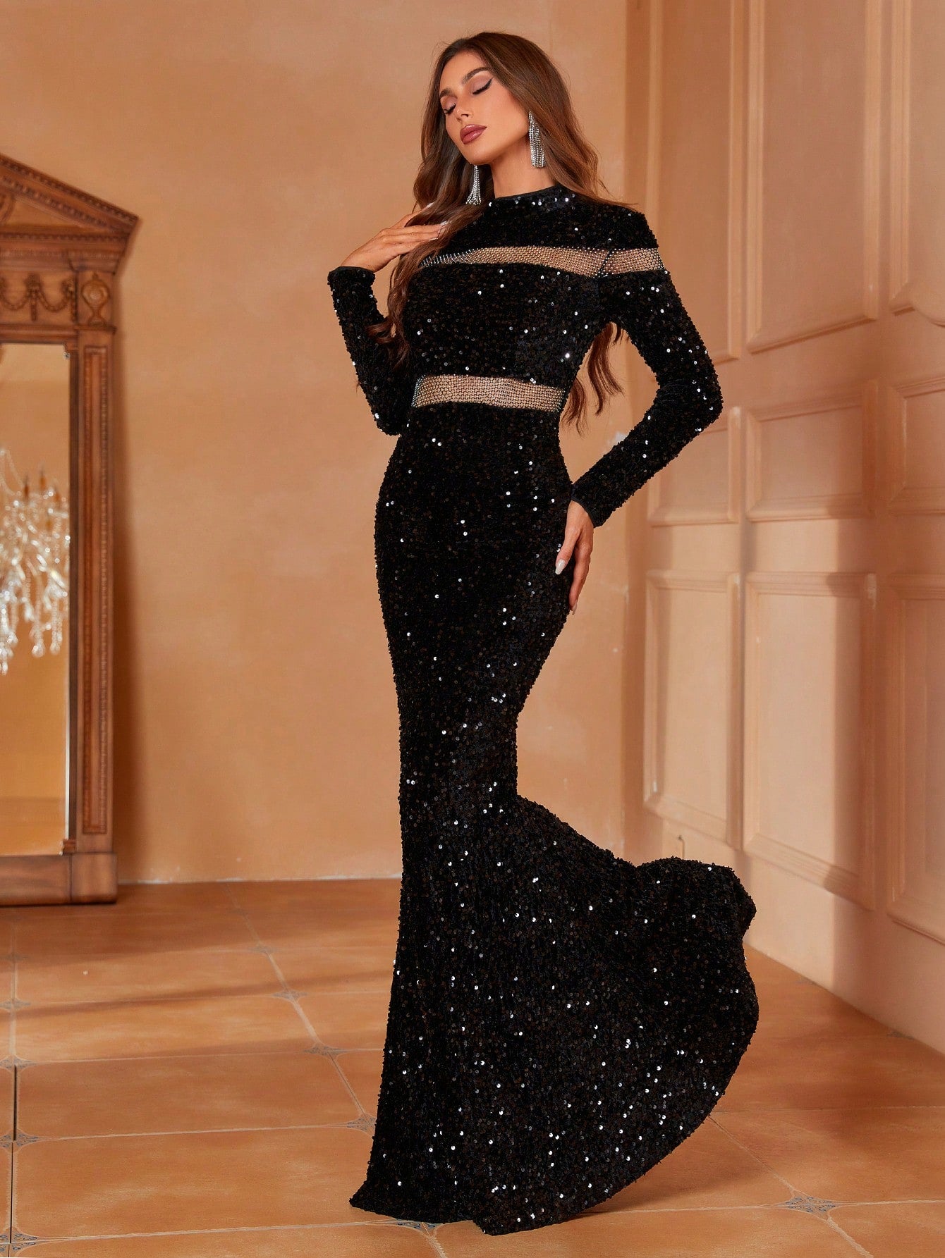 Mock Neck Mesh Insert Sequin Prom Dress