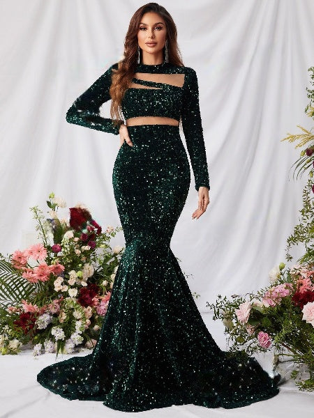 Mock Neck Mesh Panel Sequin Prom Dress