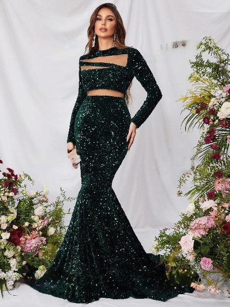 Mock Neck Mesh Panel Sequin Prom Dress