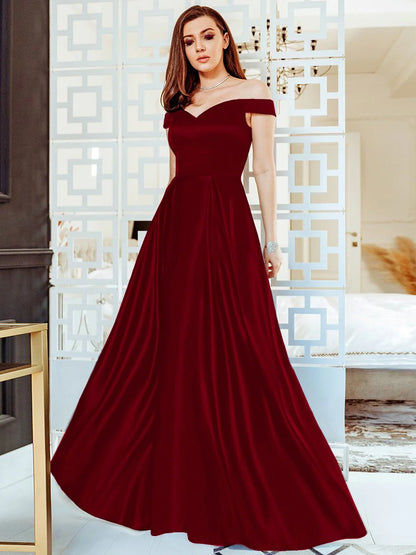 Off Shoulder Boxy Pleated Satin Prom Dress