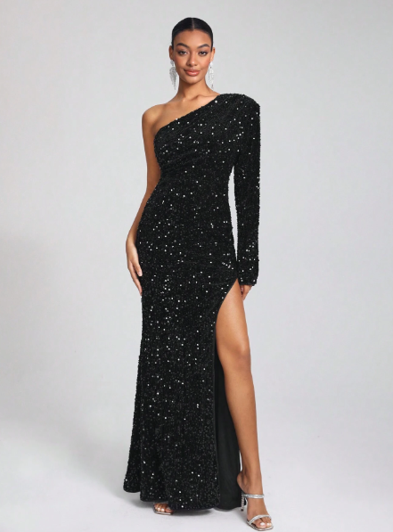 One Shoulder Split Thigh Sequin Formal Dress
