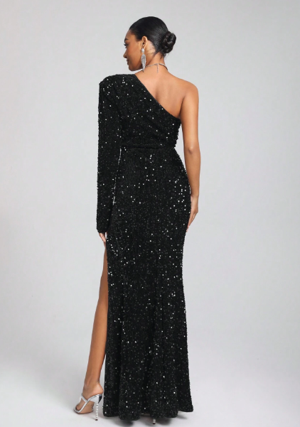 One Shoulder Split Thigh Sequin Formal Dress