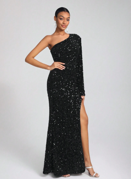 One Shoulder Split Thigh Sequin Formal Dress