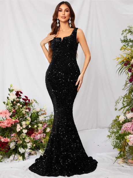 Notch Neck Sequin Prom Dress