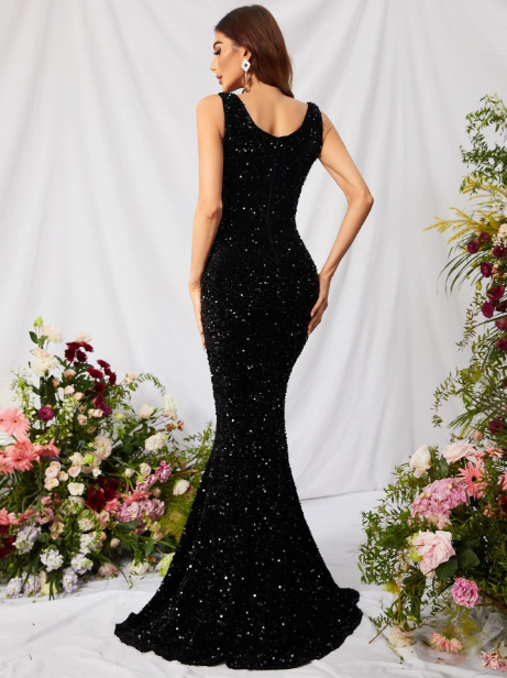 Notch Neck Sequin Prom Dress