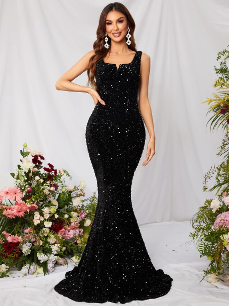 Notch Neck Sequin Prom Dress