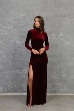 Dark Burgundy Bridesmaid Velvet Ball Gown Maxi Dress