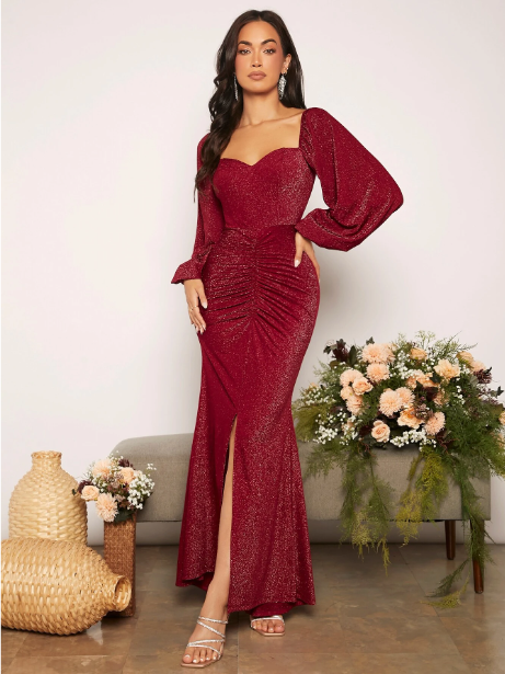 Sweetheart Neck Lantern Sleeve Ruched Split Thigh Glitter Bridesmaid Dress