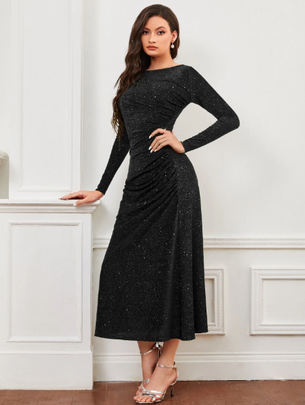 Modely Boat Neck Metallic Dress Without Belt