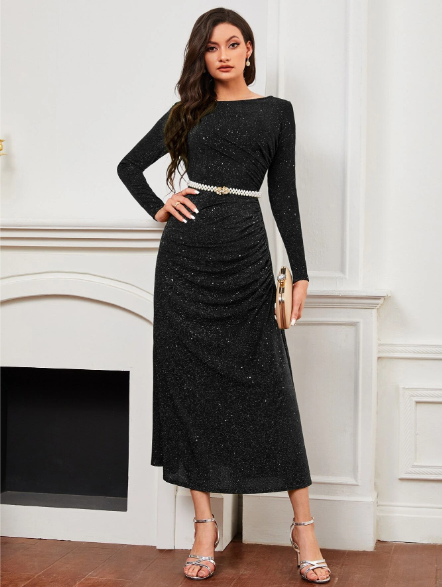 Modely Boat Neck Metallic Dress Without Belt