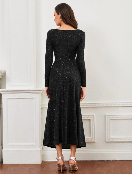 Modely Boat Neck Metallic Dress Without Belt