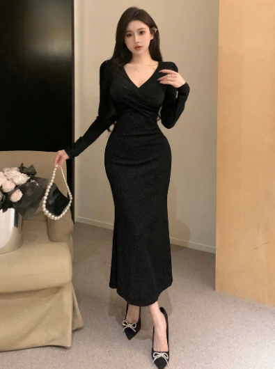 Women's V Neck Long Sleeve Shiny Glitter Mermaid Dress