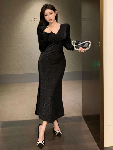 Women's V Neck Long Sleeve Shiny Glitter Mermaid Dress